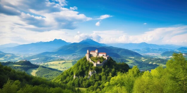 Photo a castle on a hill with mountains in the background