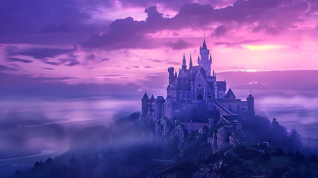 Photo castle on a hill with purple sky and the sea in the background