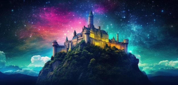 A castle on a hill with a purple sky and stars.