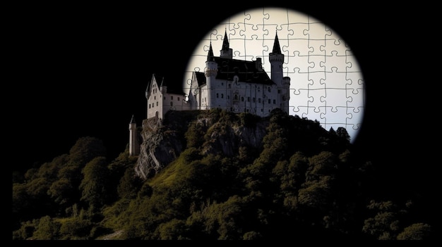 Photo a castle on a hill with a puzzle piece in the background.