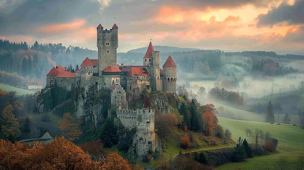 a castle on a hill with a red roof and a cloudy sky in the background