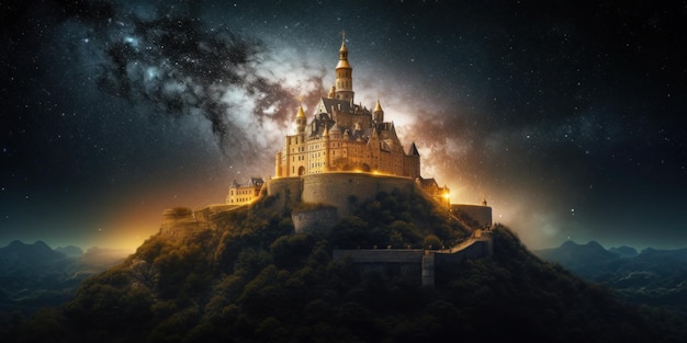 A castle on a hill with a starry sky in the background