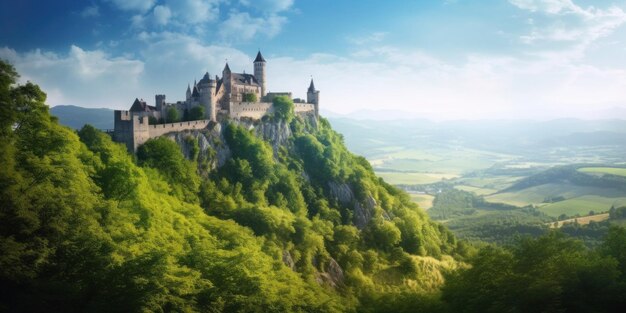 Photo a castle on a hill with the sun shining on it