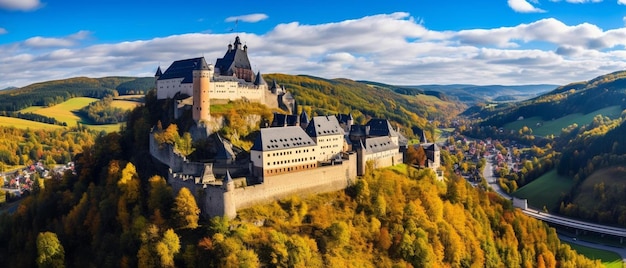 a castle on a hill with a view of the river and the castle on the right