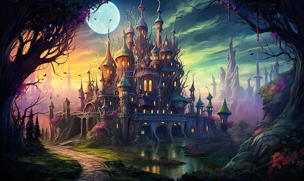the castle of horror in the woods on canvas in the style of colorful fantasy
