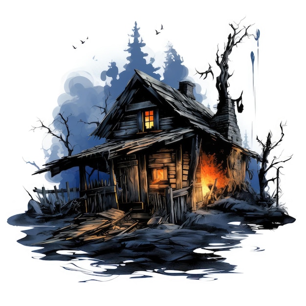 castle house with ghosts moon Halloween illustration scary horror design tattoo isolated fantasy