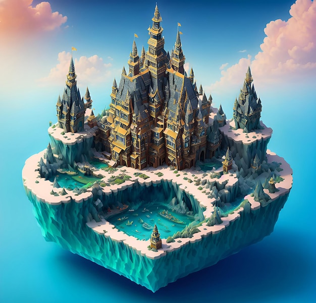 A castle on an ice island with a blue sky and clouds in the background.