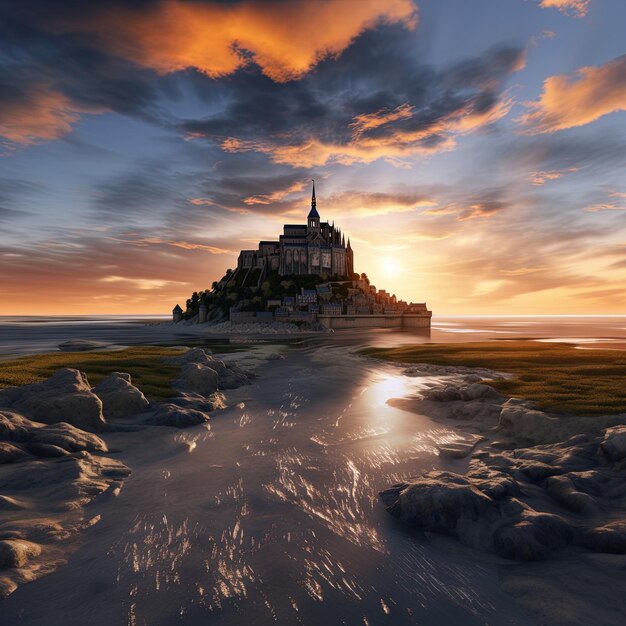 Photo a castle is on the beach and is in the foreground of a sunset