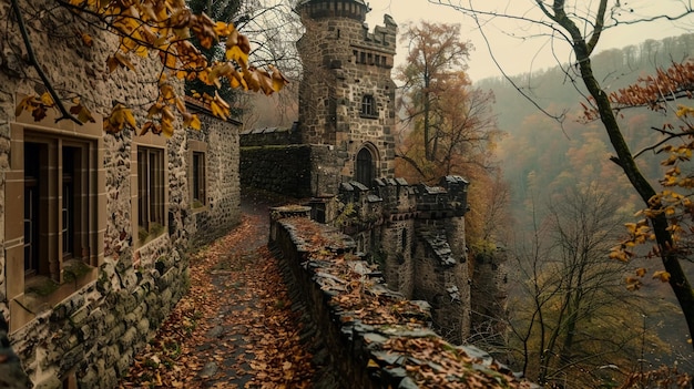 a castle is built into a castle with leaves on the ground