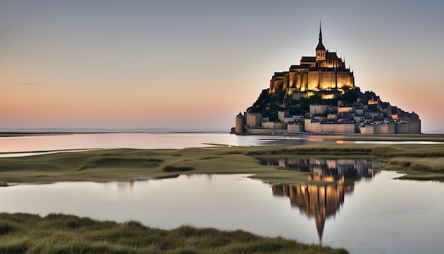 Photo a castle is on a hill with a reflection in the water