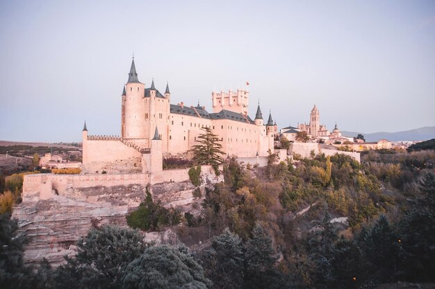 a castle is on a hill with a tree on the top