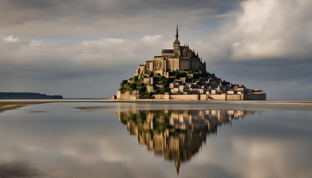 Photo a castle is reflected in the water with a cloudy sky in the background