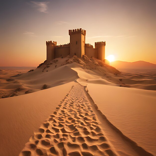 Photo a castle is on the sand dunes at sunset