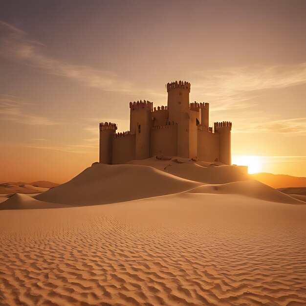 Photo a castle is in the sand with the sunset behind it