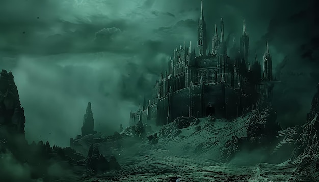 A castle is shown in a foggy dark sky