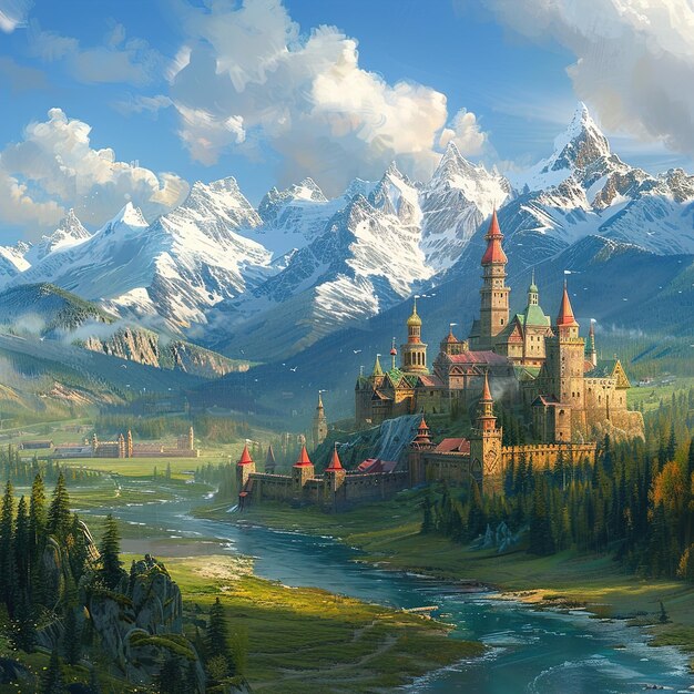 a castle is shown with a mountain in the background