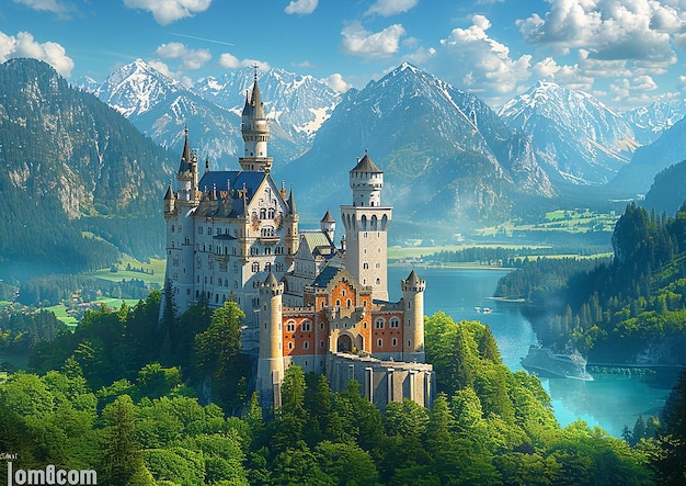 a castle is surrounded by a forest and mountains