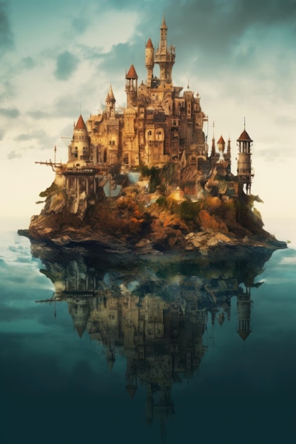 A castle on an island in the ocean