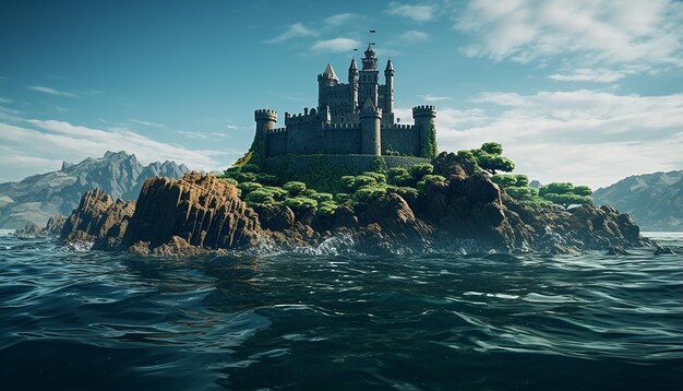 Castle on island in ocean