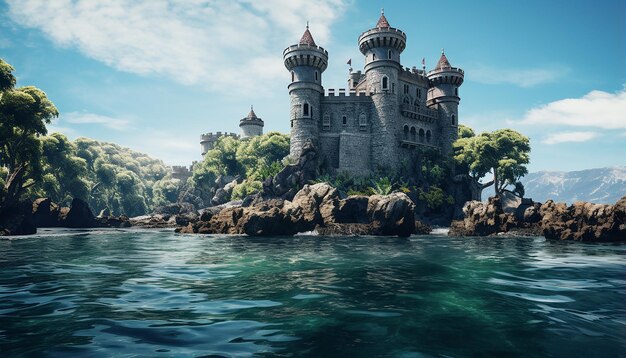 Castle on island in ocean