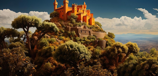 Foto castello sull'isola nello stile di un meticoloso nucleo di mirtillo fotorealistico