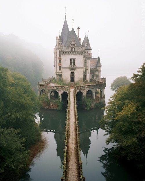 Foto castello sul lago nella nebbia