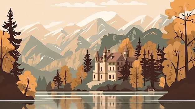 A castle on a lake surrounded by mountains