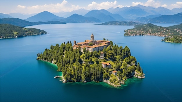 A castle on a lake surrounded by trees