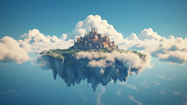 a castle on a lake with clouds and water.
