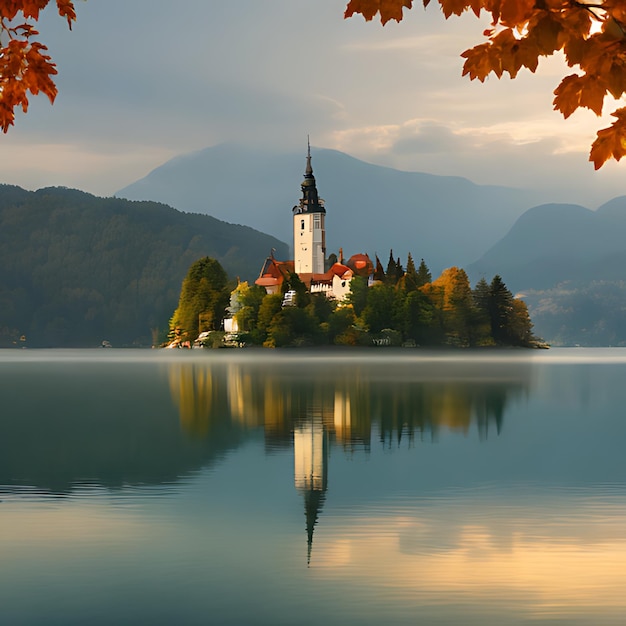 Photo a castle on a lake with a mountain in the background