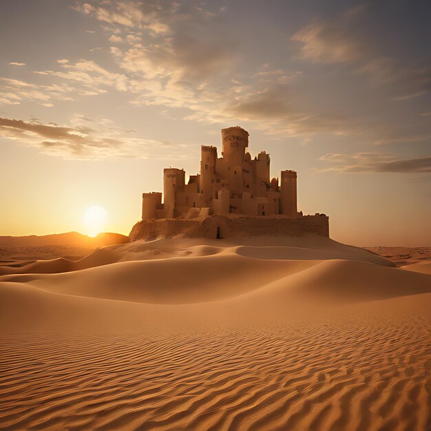 Photo a castle made of sand sits in the sand at sunset