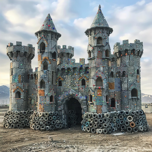 Foto un castello fatto di pneumatici si trova di fronte a un edificio che dice il castello