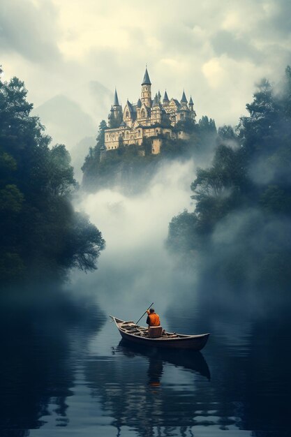 A castle in the mist by the lake