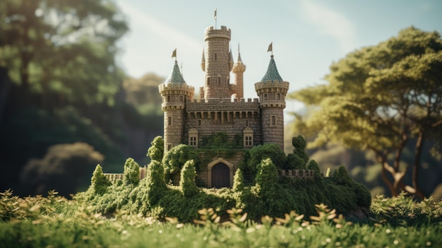美しくぼかした背景を持つ緑豊かな草の上に置かれた城のモデル