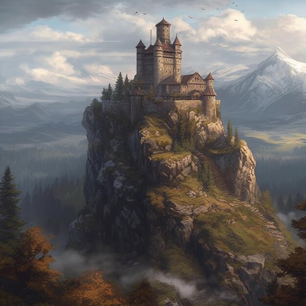 Castle on a mountain in the mountains