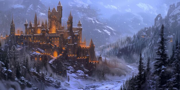 Castle in mountain snow landscape in winter resplendent
