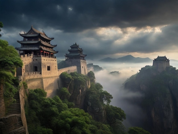 Photo a castle on a mountain with a cloudy sky above it