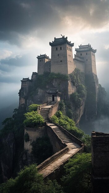 a castle on a mountain with a cloudy sky