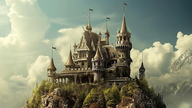 Фото Замковая гора с фантастическим реалистичным и футуристическим стилем generative ai