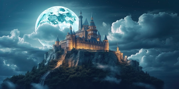 Castle on a mountain with a full moon in the background