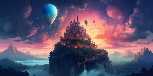 A castle on a mountain with a hot air balloon floating above it.