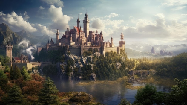 Premium AI Image | castle on a mountain with a lake in the background