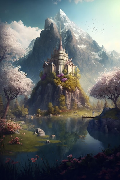 A castle on a mountain with a mountain in the background