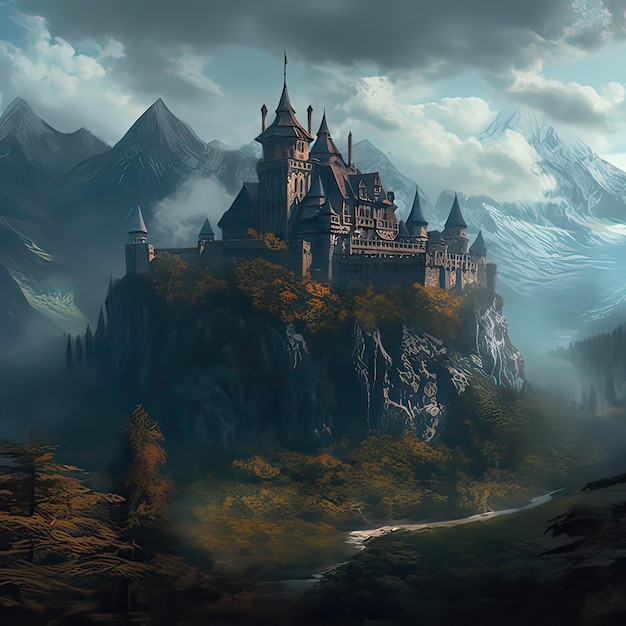 Castle on a mountain with mountains in the background