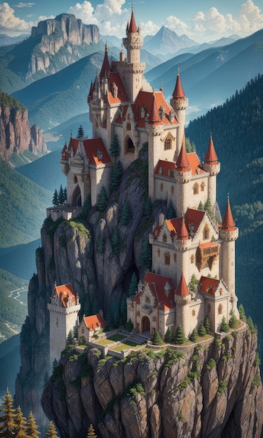 Castle on a mountain with mountains in the background