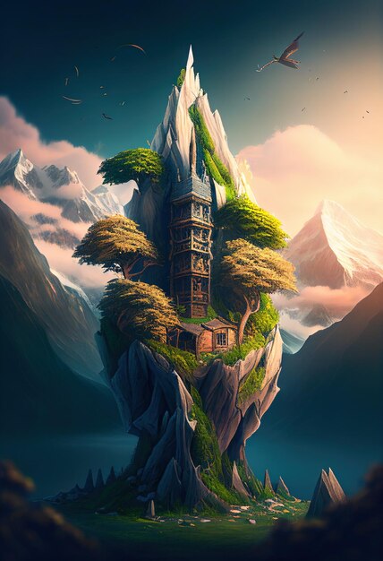 a castle on a mountain with a tree on the top