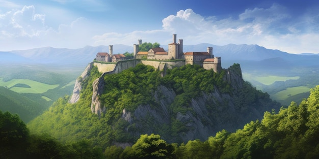A castle on a mountain with trees in the background