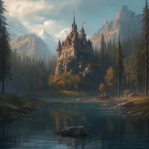 A castle in the mountains with a lake in the foreground