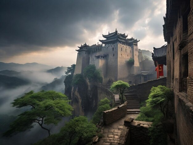 a castle in the mountains with a red flag on the top