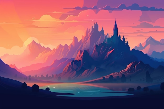 A castle in the mountains with a sunset in the background